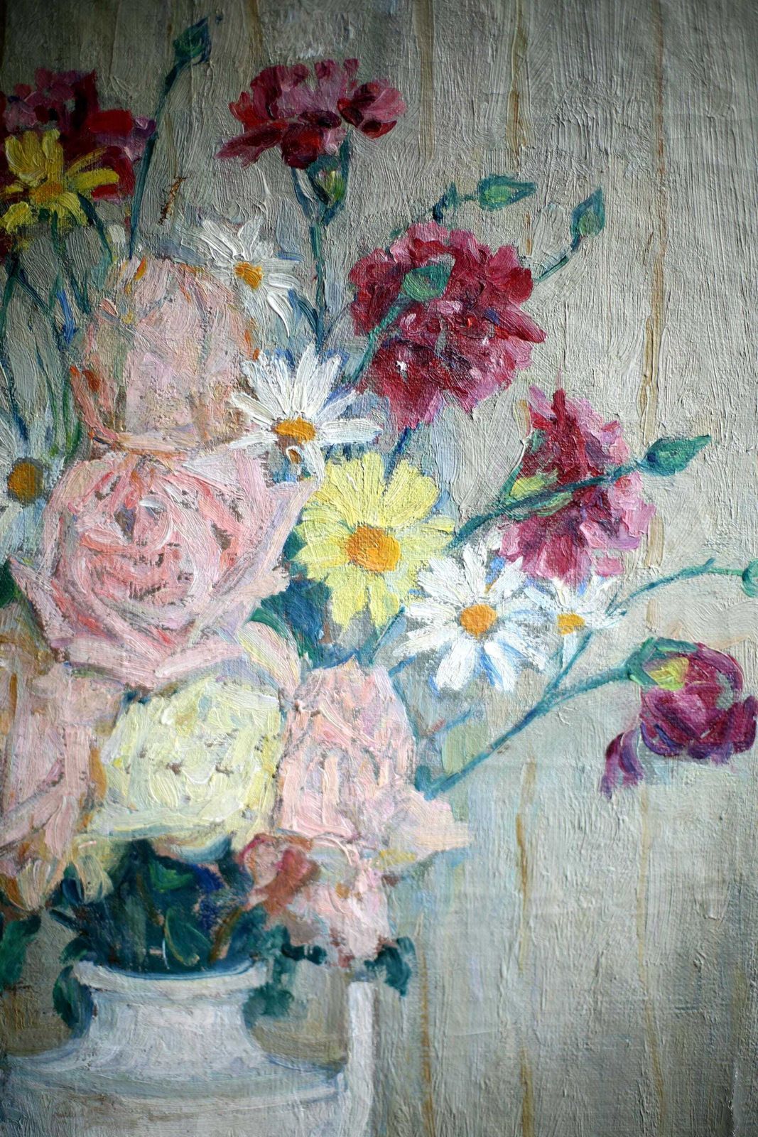 French Floral Oil Painting Antique Canvas Art Flowers Large Still Life Claude Rene Martin photo vinterior