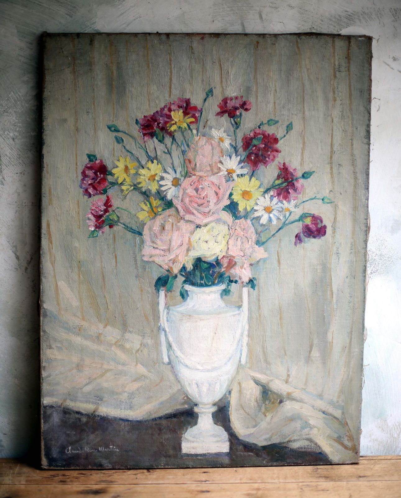 French Floral Oil Painting Antique Canvas Art Flowers Large Still Life Claude Rene Martin photo vintage