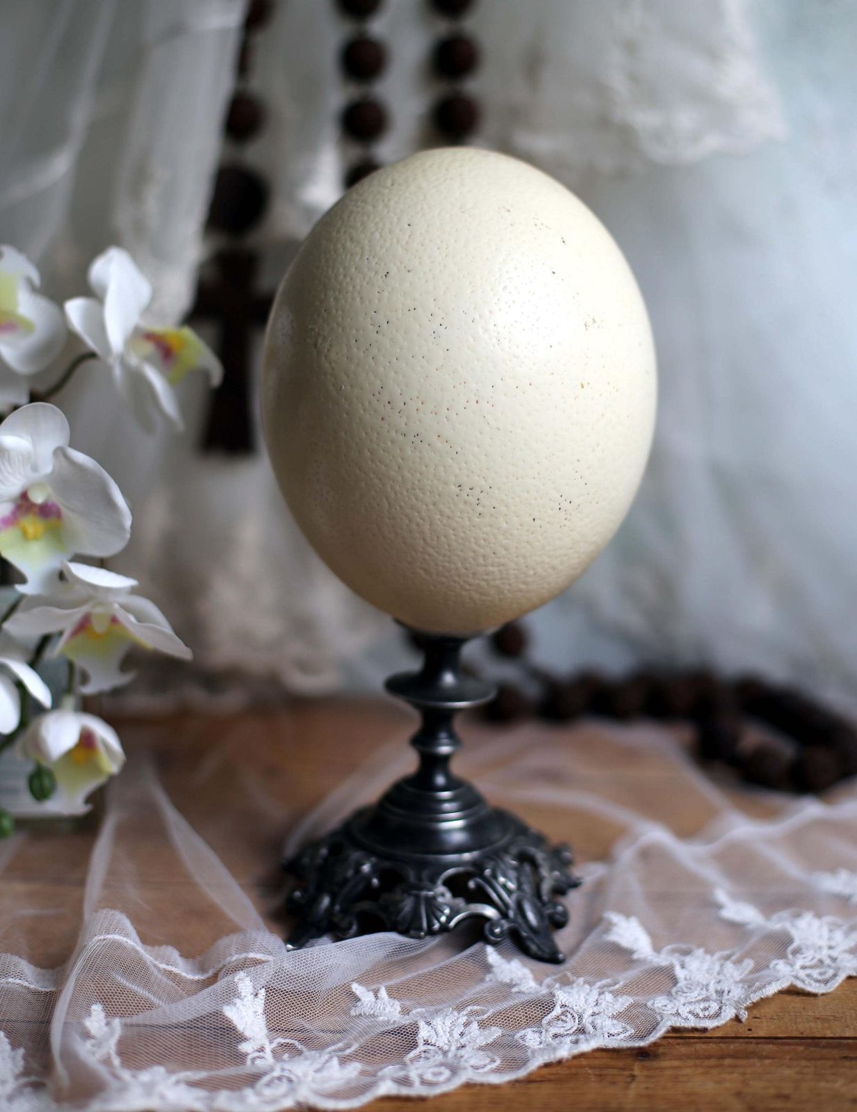Antique Ostrich Egg And Pewter Display Stand Specimen For Cabinet Of Curiosities Rococo Style
