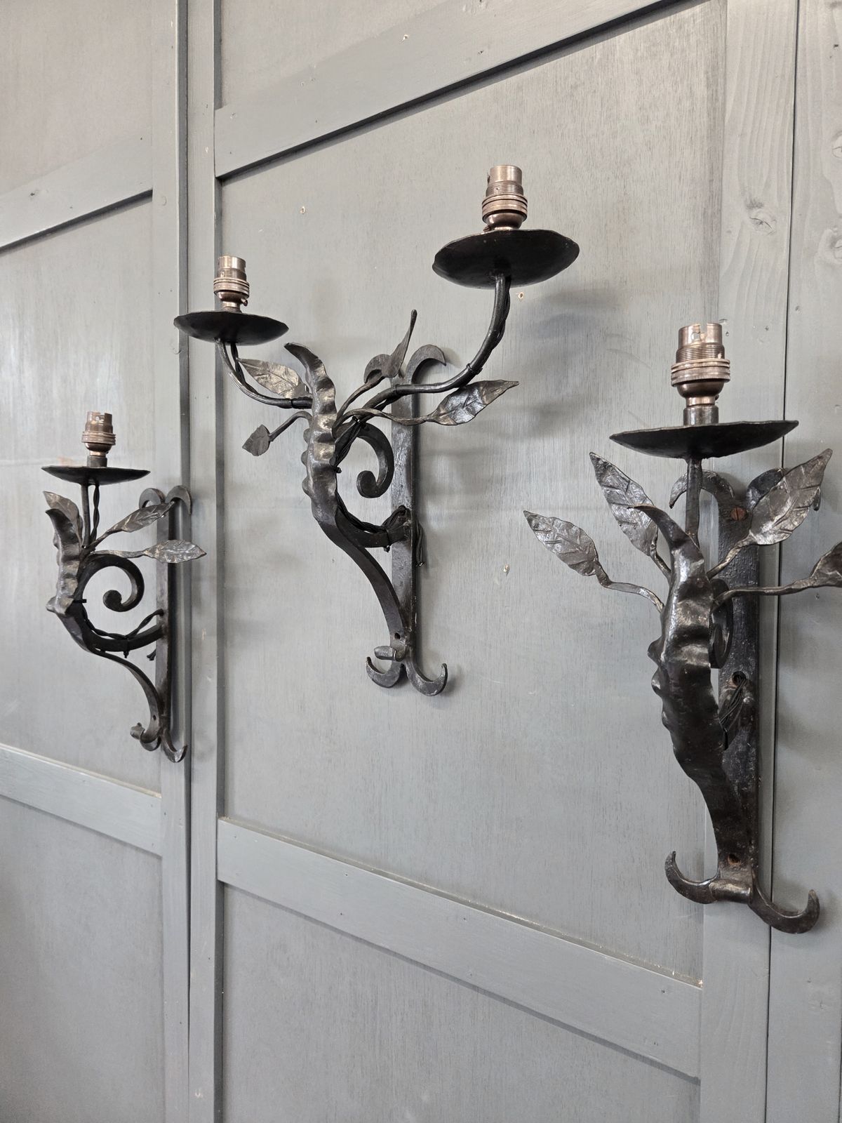 photo furniture Trio Of Early 20th Century Arts & Crafts Style Wrought Iron Wall Sconces