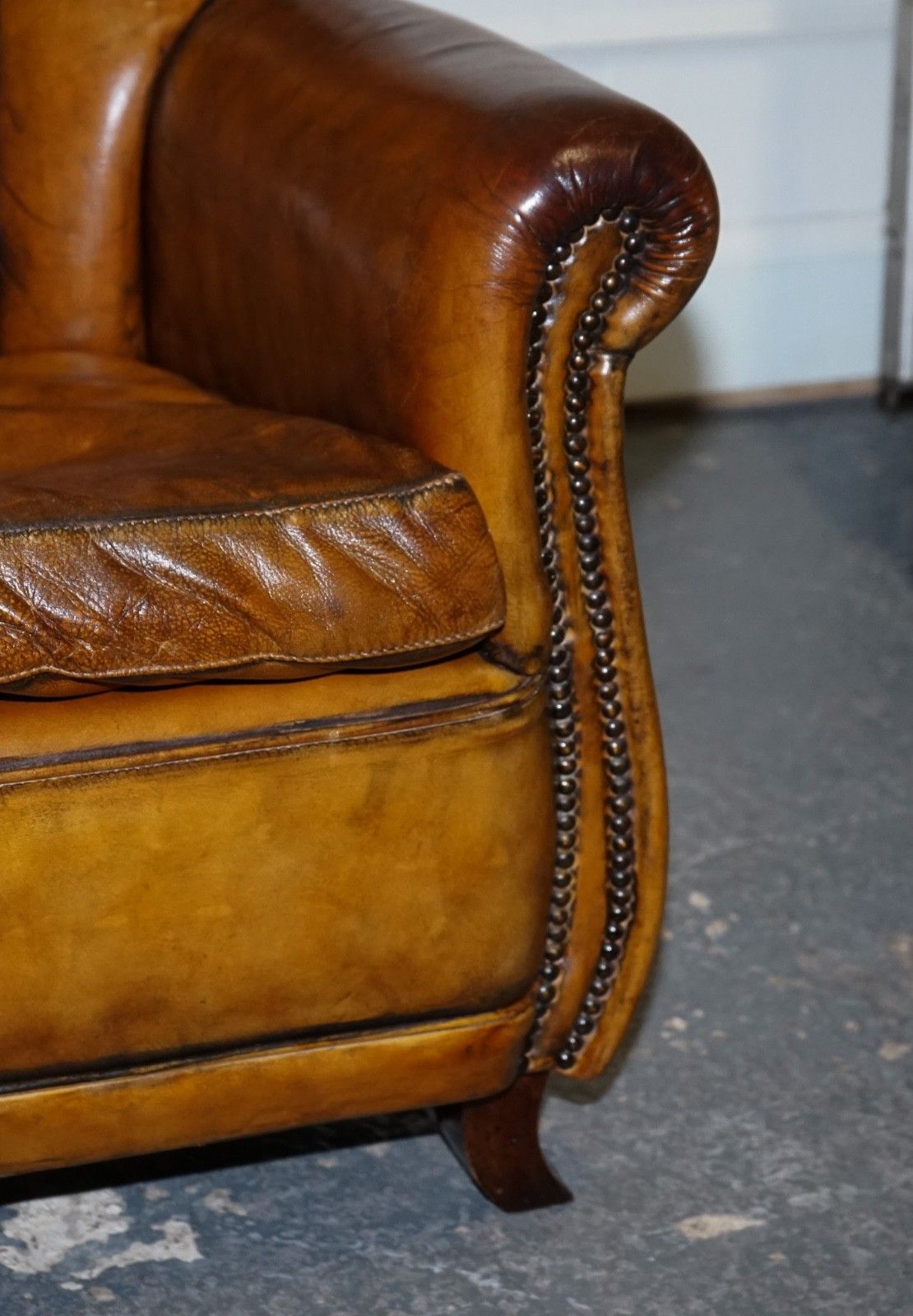 photo for sale Vintage Pair Of Art Deco Style Hand Dyed Leather Shell Arm Chairs