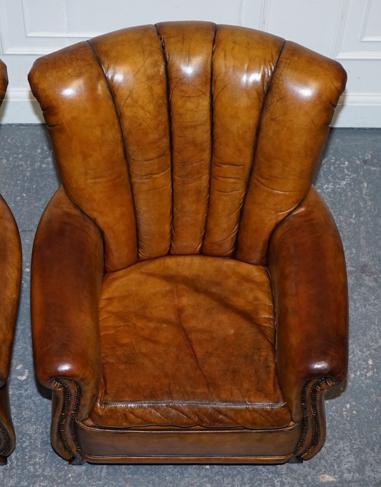 photo buy Vintage Pair Of Art Deco Style Hand Dyed Leather Shell Arm Chairs