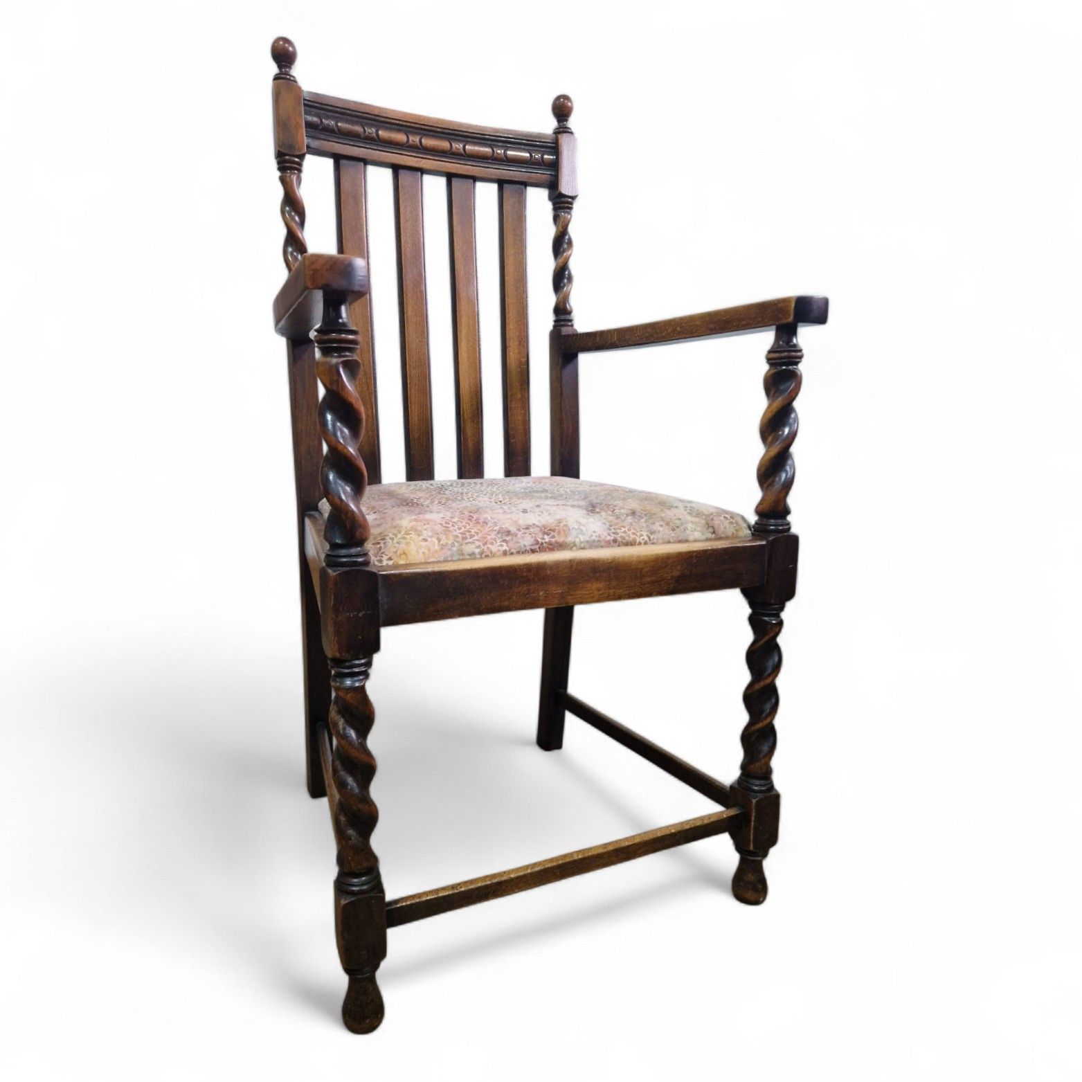 photo for sale Antique Oak Barley Twist Carver Chair Farmhouse Armchair Spiral Turned Chair