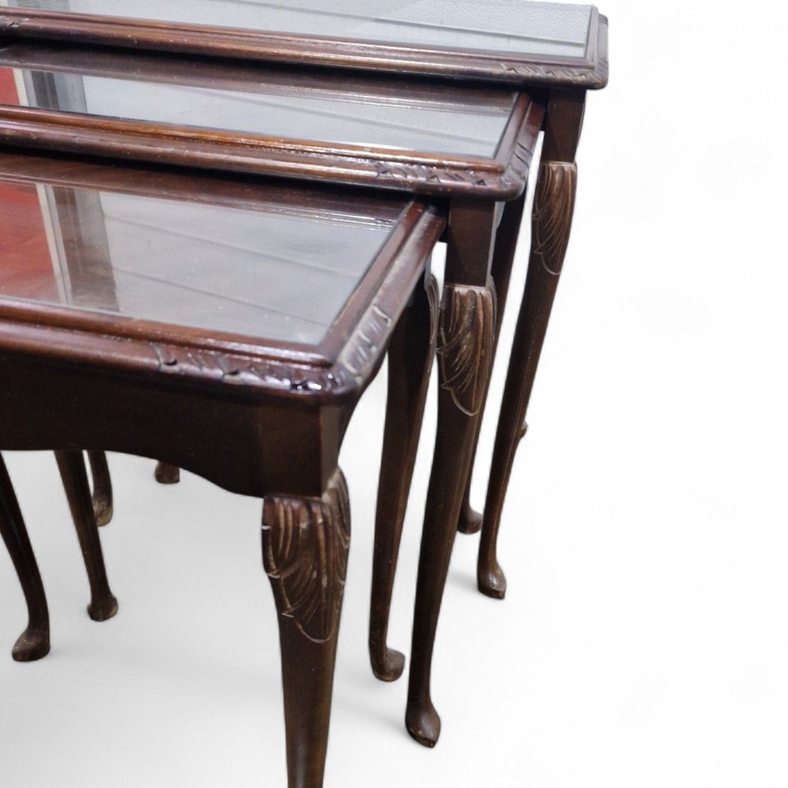photo furniture Carved Mahogany Nest Of 3 Tables Cabriole Leg Side Lamp Occasional Tables