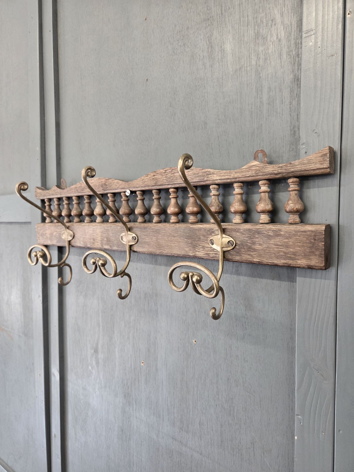 Antique French Hardwood & Brass Coat Rack photo for sale