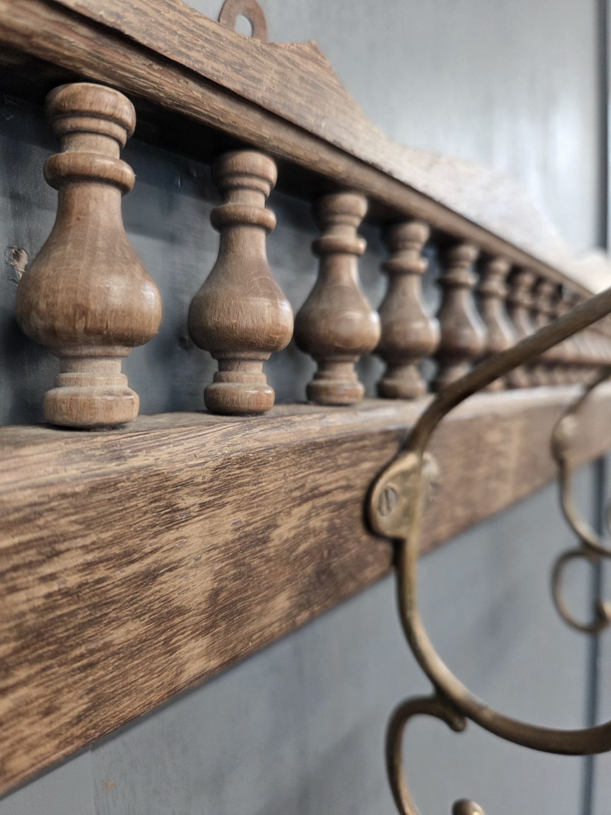 Antique French Hardwood & Brass Coat Rack photo 145.0
