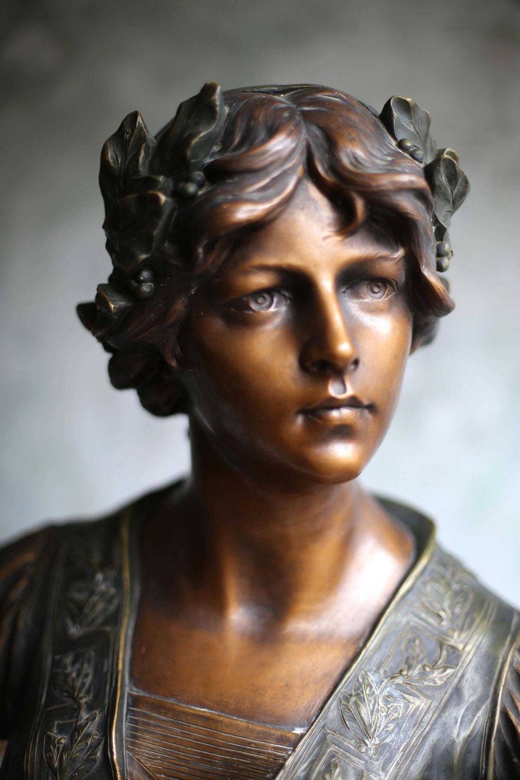 Art Nouveau Statue Large Antique Bust Bronzed Figurine Sappho Gustav Van Vaerenbergh. photo for sale