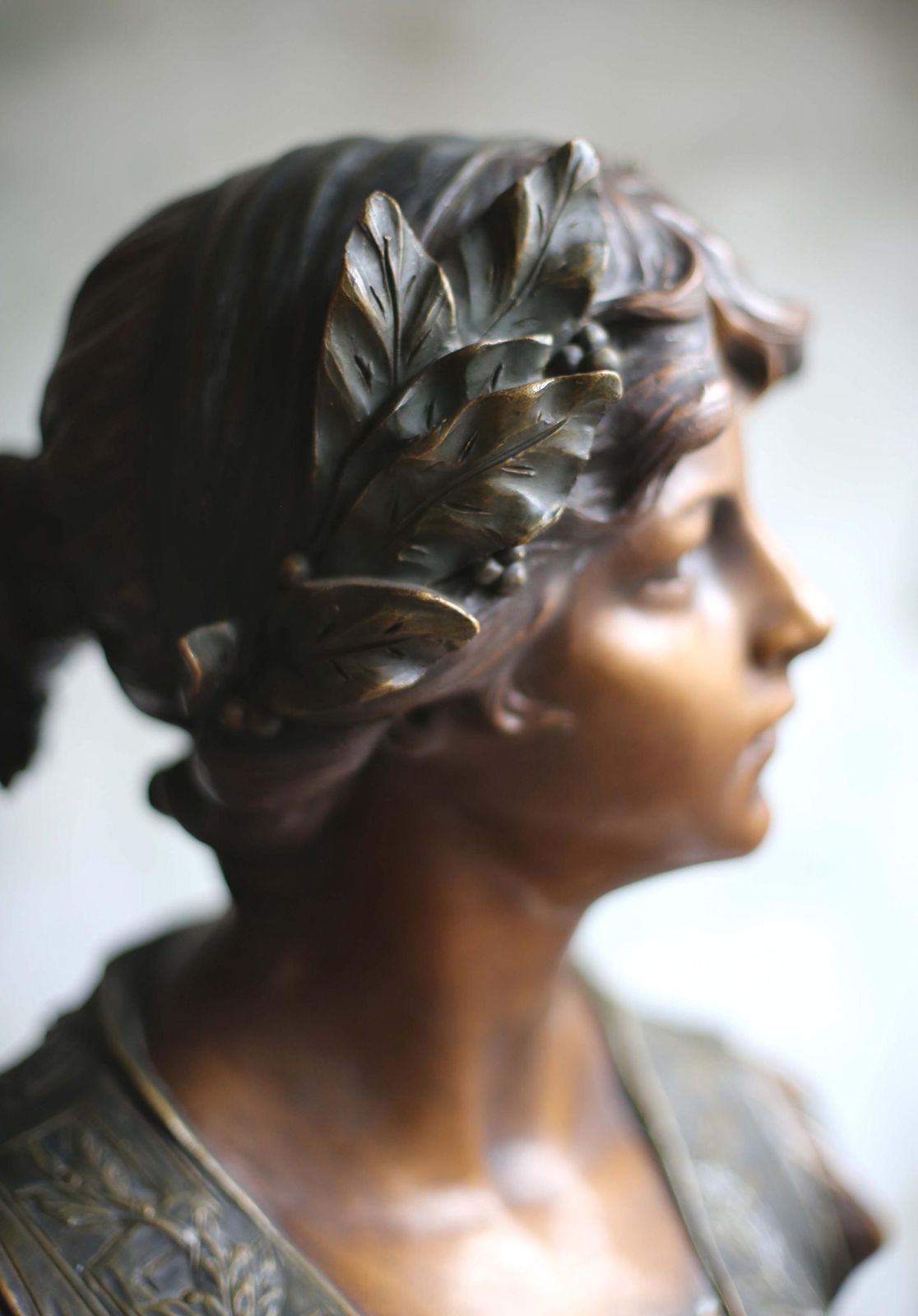 Art Nouveau Statue Large Antique Bust Bronzed Figurine Sappho Gustav Van Vaerenbergh. photo vintage