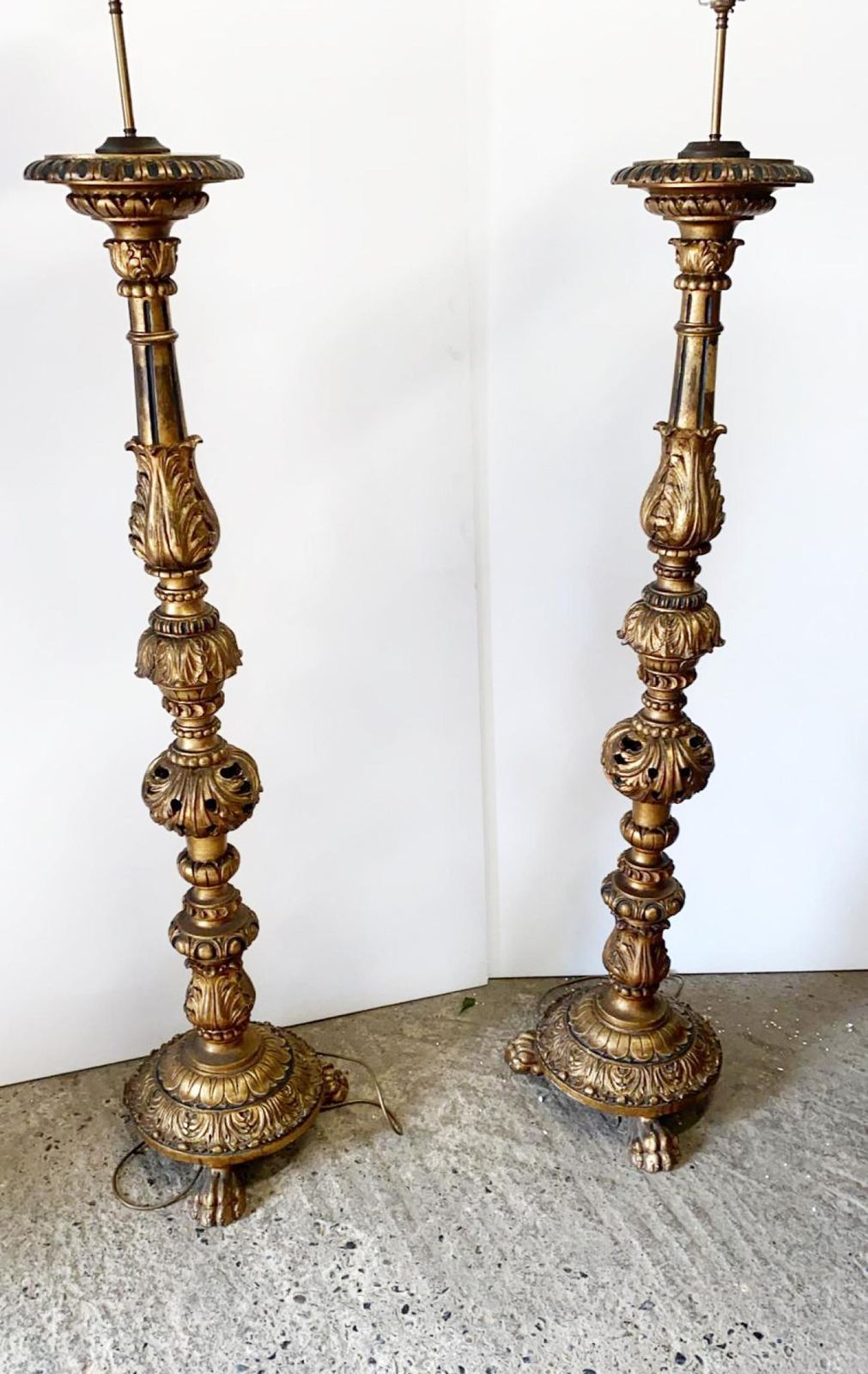 Pair Florentine Lamps Floor Light Carved Giltwood Baroque. photo for sale