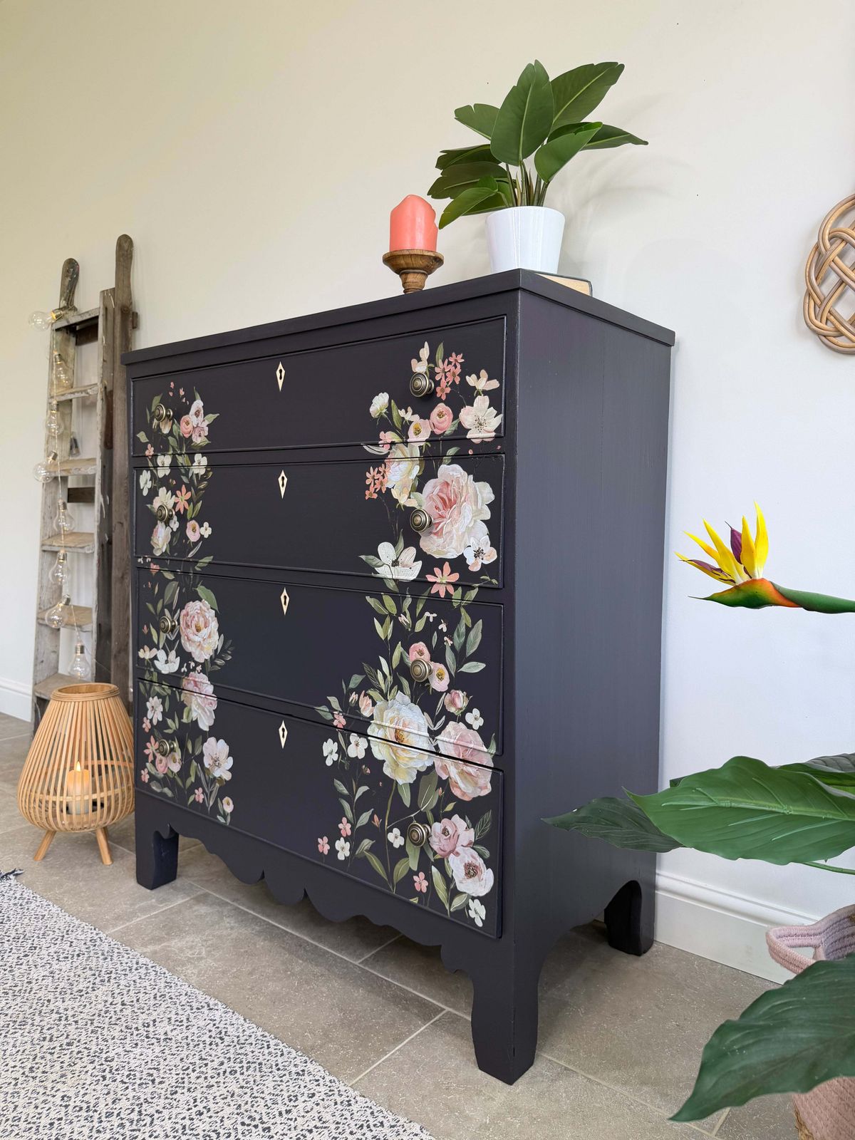 Vintage Chest Of Drawers, Painted Black With Floral Decor photo for sale