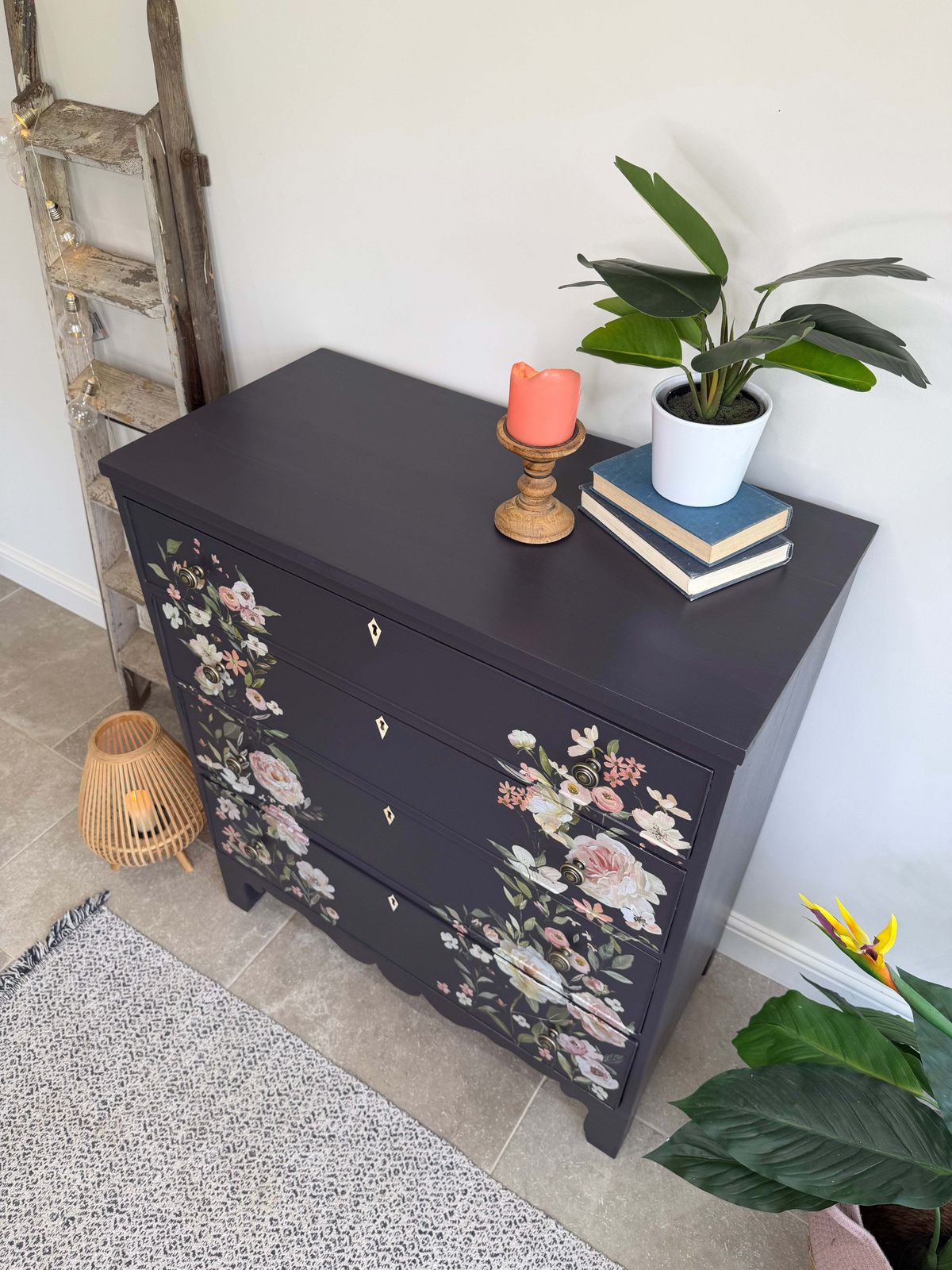 Vintage Chest Of Drawers, Painted Black With Floral Decor photo buy