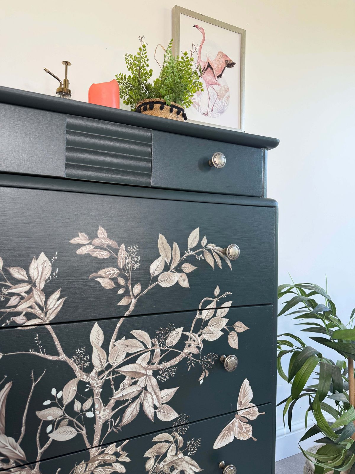 photo for sale Stag Tallboy Dresser / Chest Of Drawers, Painted Dark Green And Floral