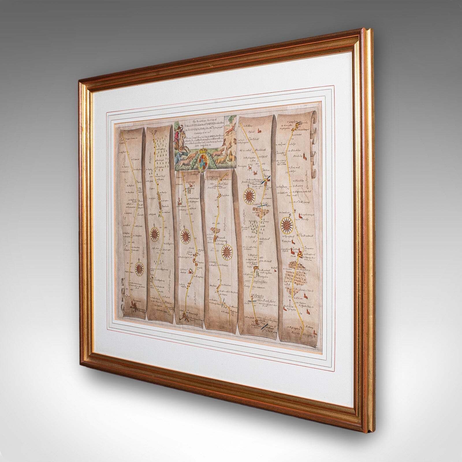 Antique Coaching Map, Salisbury To Campden, English, Framed Cartography, Ogilby photo for sale