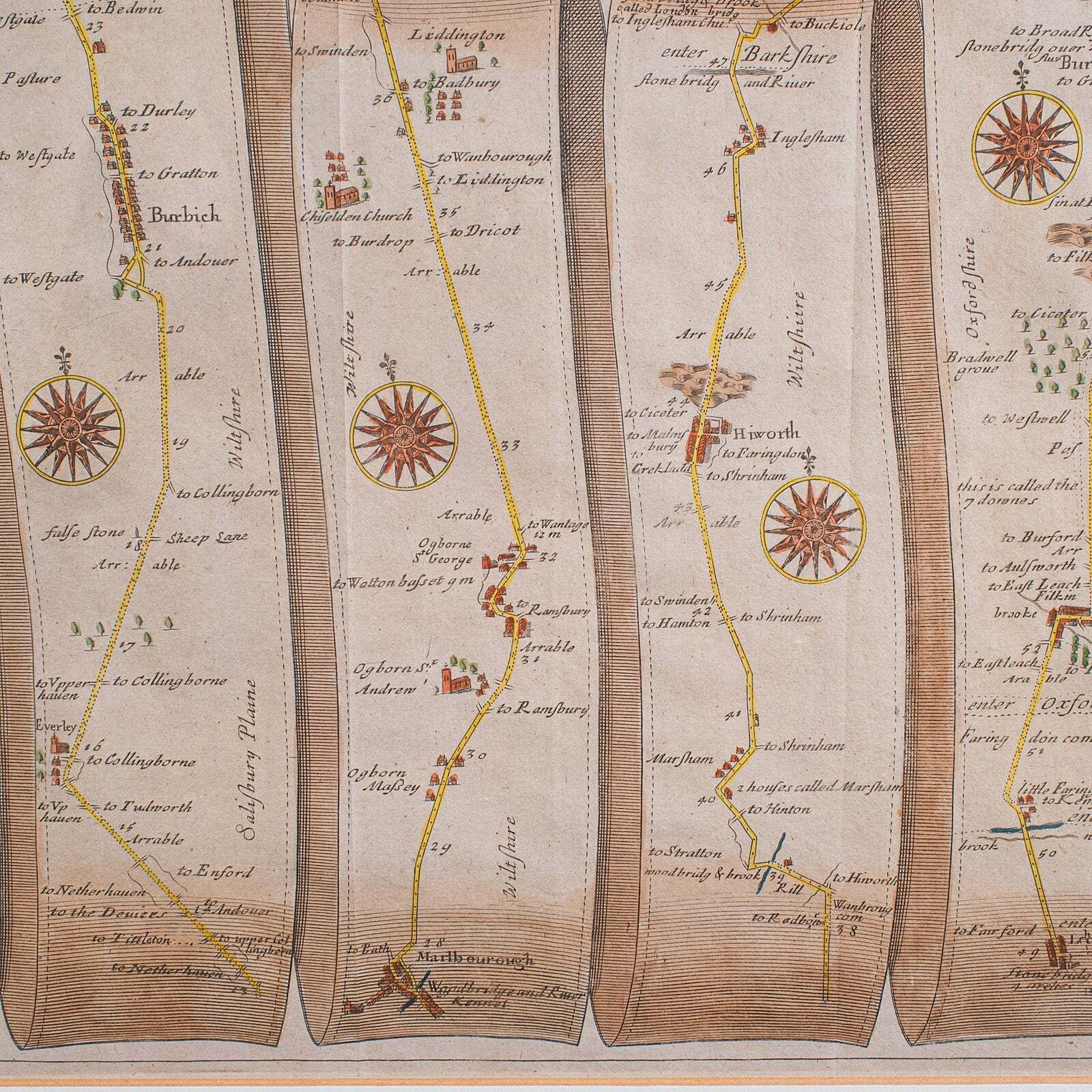 Antique Coaching Map, Salisbury To Campden, English, Framed Cartography, Ogilby photo vintage