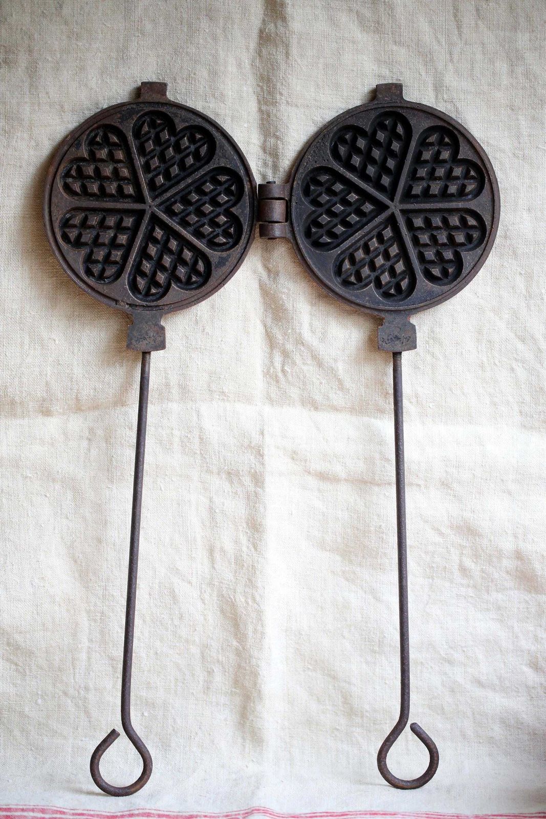 Large Antique Waffle Iron French Primitive With Hearts Black Cast Iron Stove Top Pan photo for sale