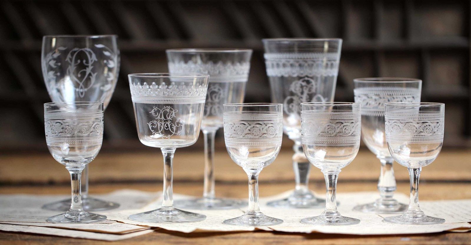 Collection Of 9 Antique Crystal Glasses Engraved Monogrammed Wine Glasses Baccarat photo furniture