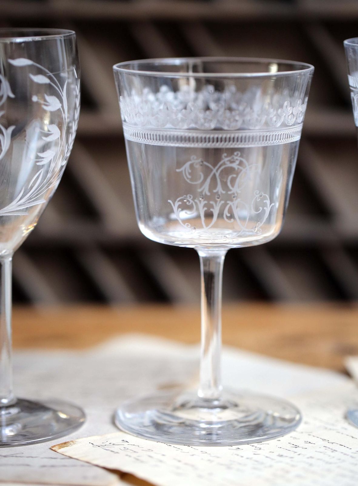 Collection Of 9 Antique Crystal Glasses Engraved Monogrammed Wine Glasses Baccarat photo for sale