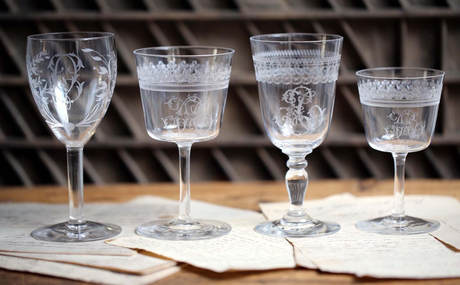 Collection Of 9 Antique Crystal Glasses Engraved Monogrammed Wine Glasses Baccarat photo Home Decor