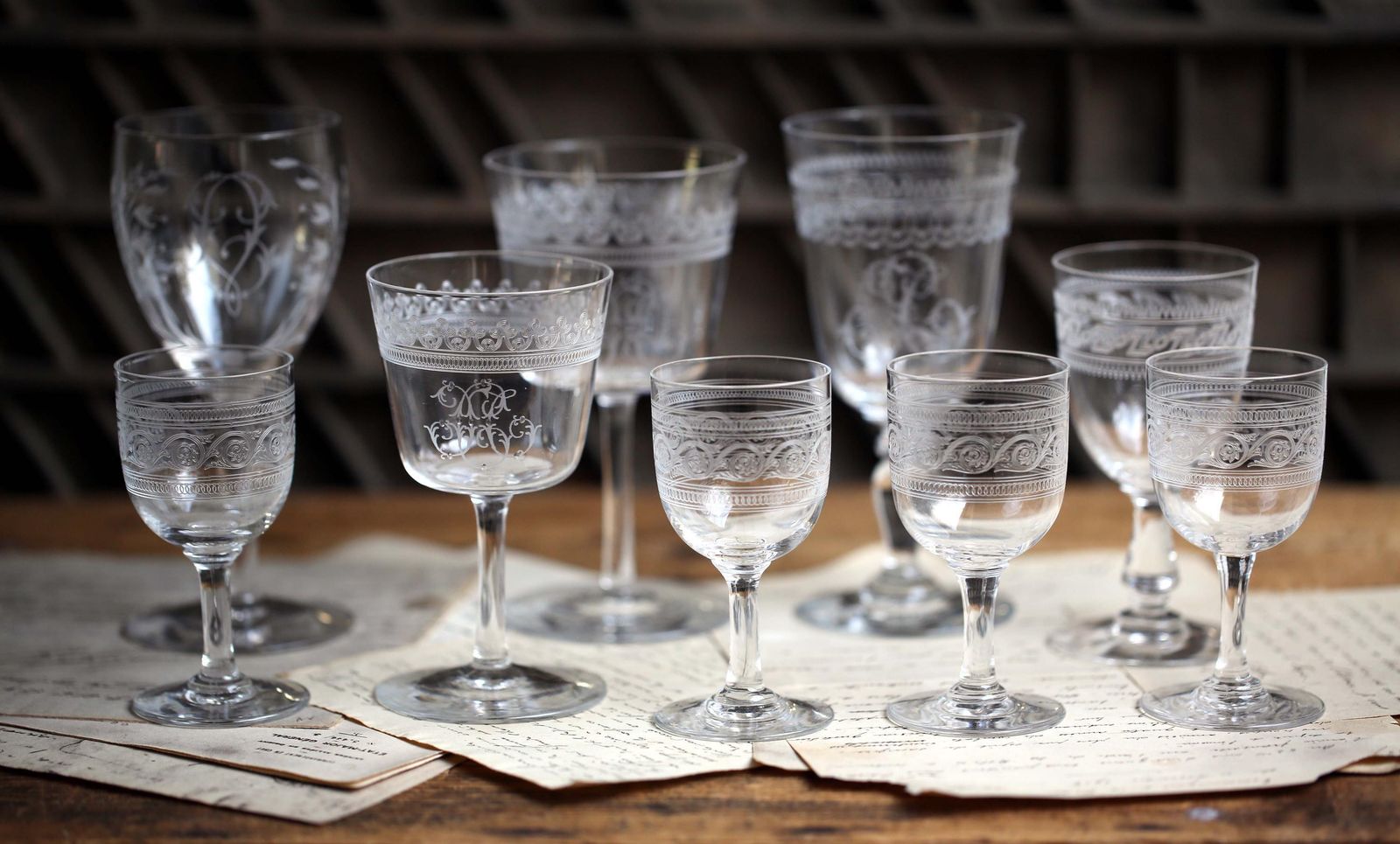 Collection Of 9 Antique Crystal Glasses Engraved Monogrammed Wine Glasses Baccarat photo buy
