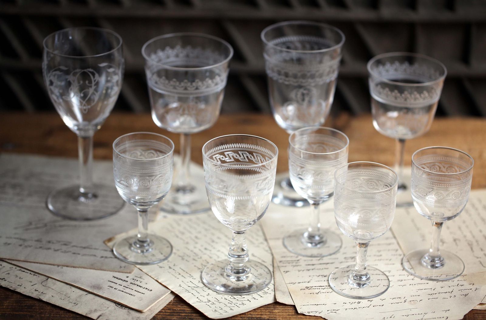 135.0 Collection Of 9 Antique Crystal Glasses Engraved Monogrammed Wine Glasses Baccarat photo