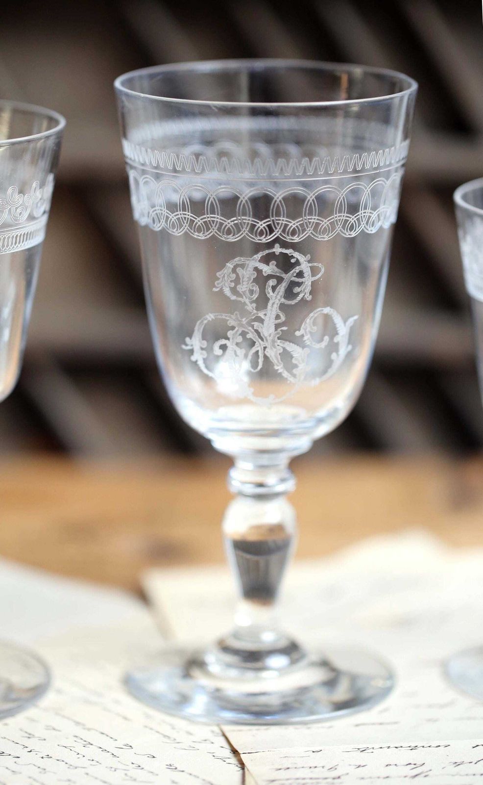 photo vinterior Collection Of 9 Antique Crystal Glasses Engraved Monogrammed Wine Glasses Baccarat