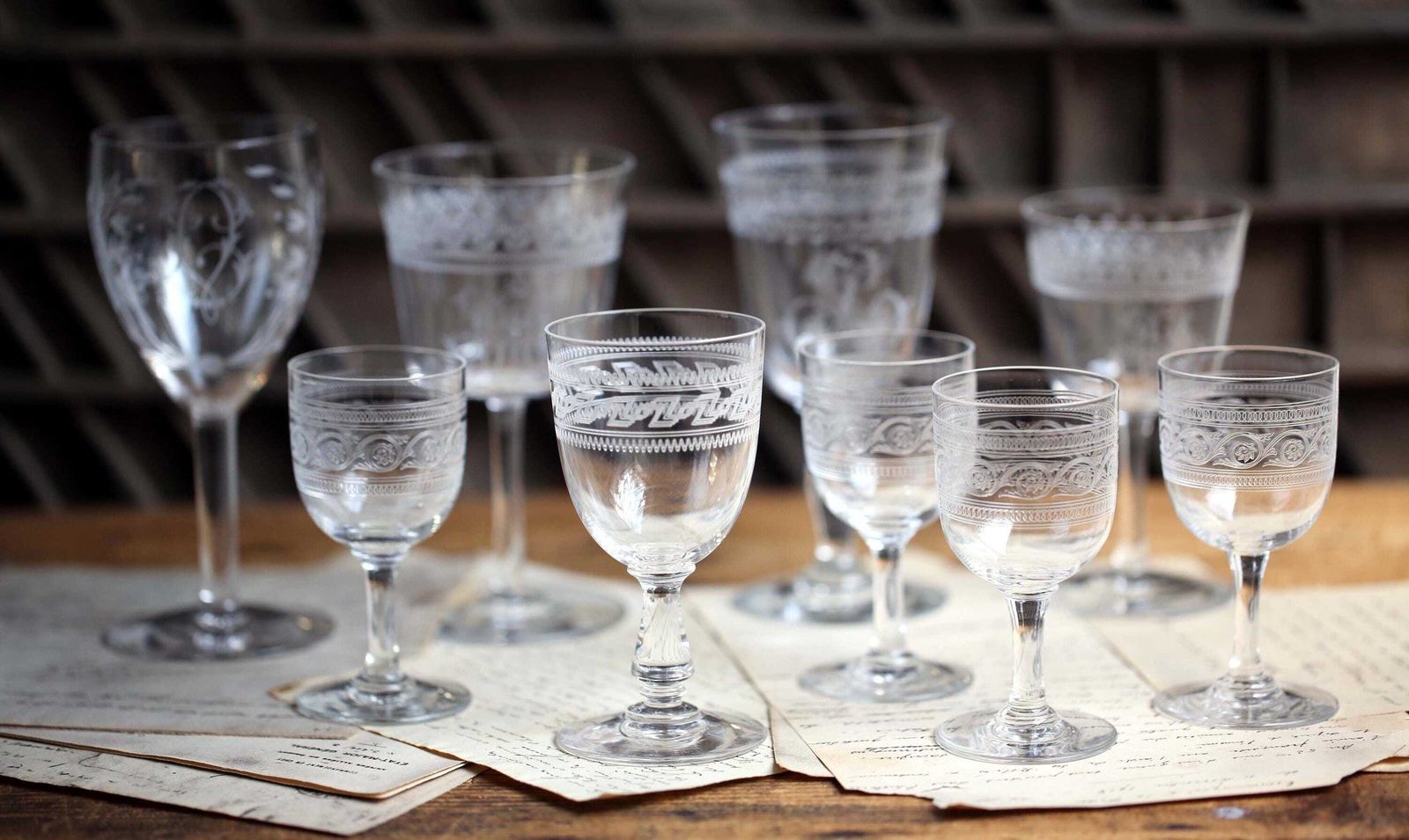photo buy Collection Of 9 Antique Crystal Glasses Engraved Monogrammed Wine Glasses Baccarat