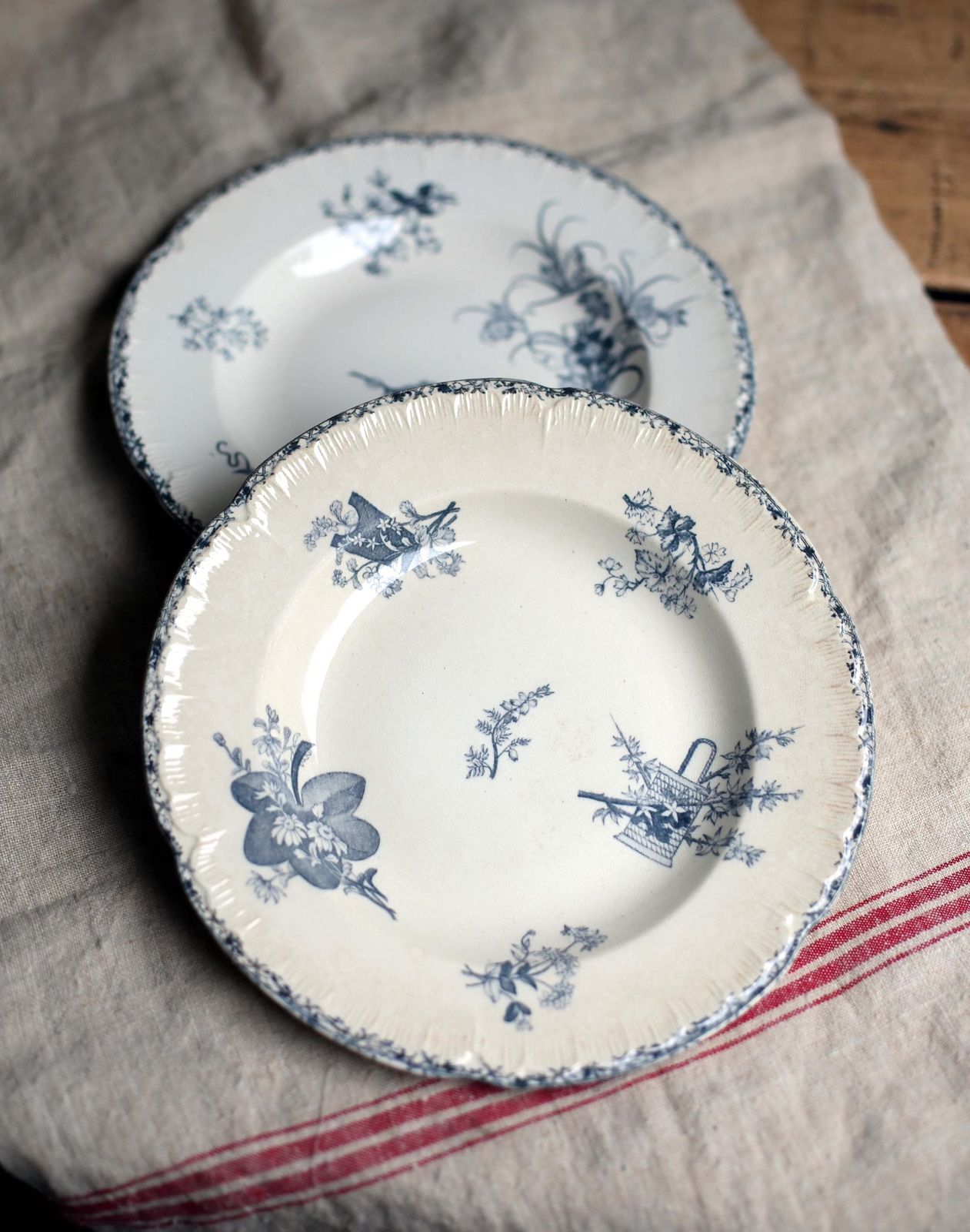2 French Large Antique Bowls Art Nouveau Blue Transferware Pair Of Ironstone Dishes E Bourgeois