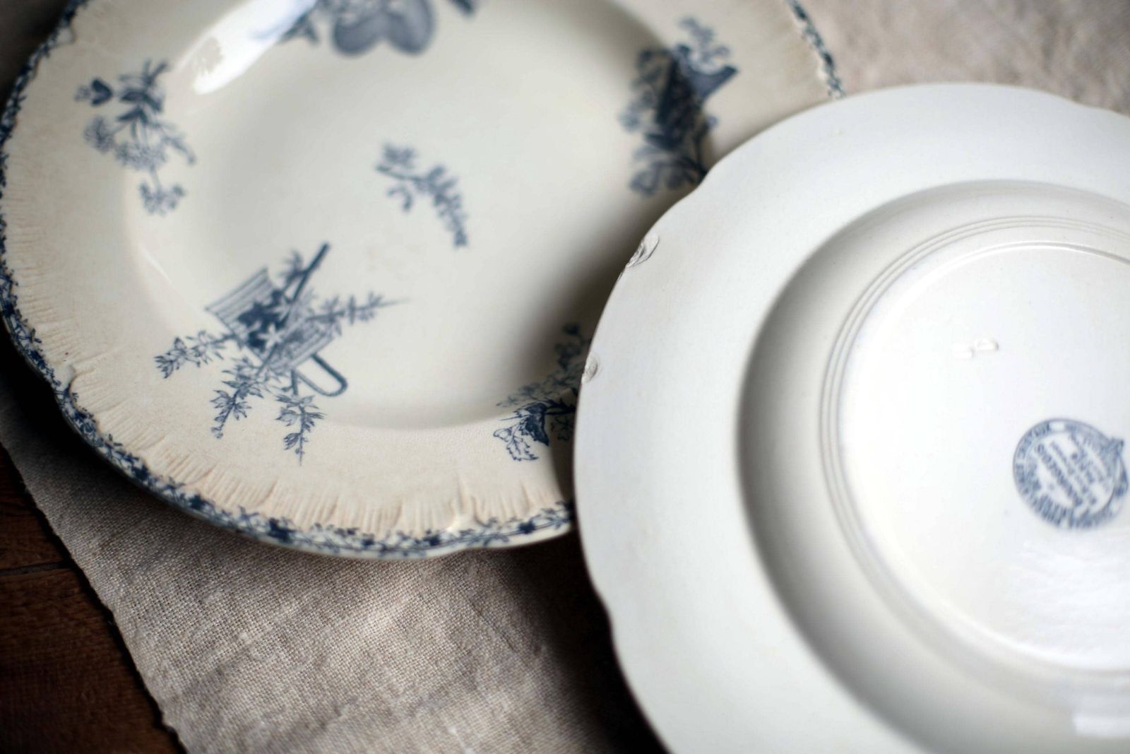 2 French Large Antique Bowls Art Nouveau Blue Transferware Pair Of Ironstone Dishes E Bourgeois photo vintage