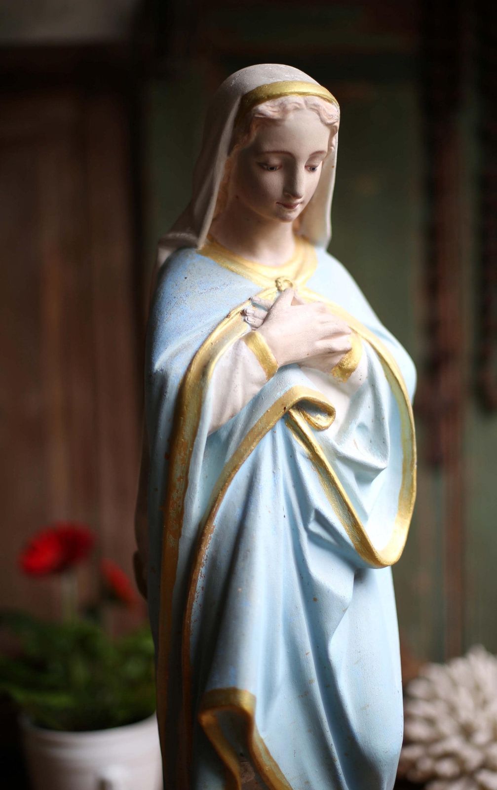 photo furniture Large Antique French Virgin Mary Statue Polychrome Praying Madonna