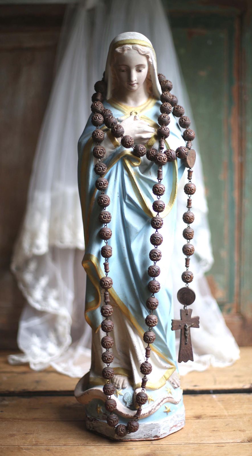 322.0 Large Antique French Virgin Mary Statue Polychrome Praying Madonna photo