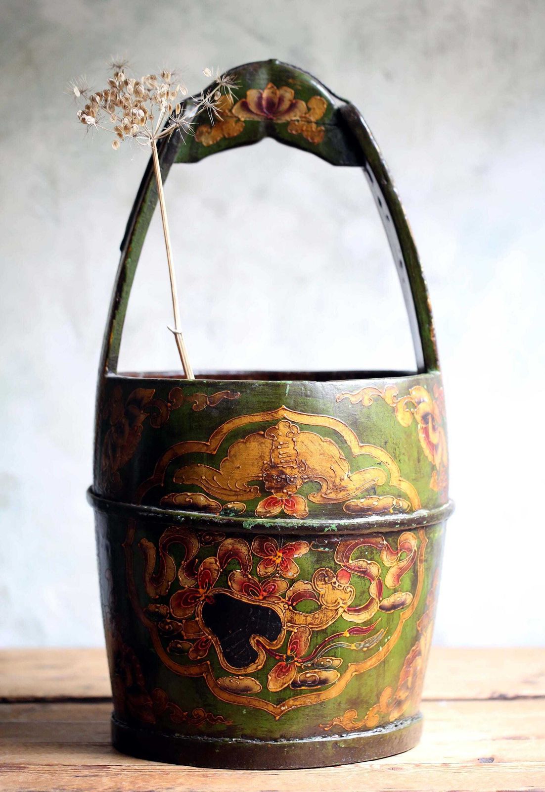 Large Antique Chinese Bucket Green Painted Folk Art Hand Carved Wooden Pail