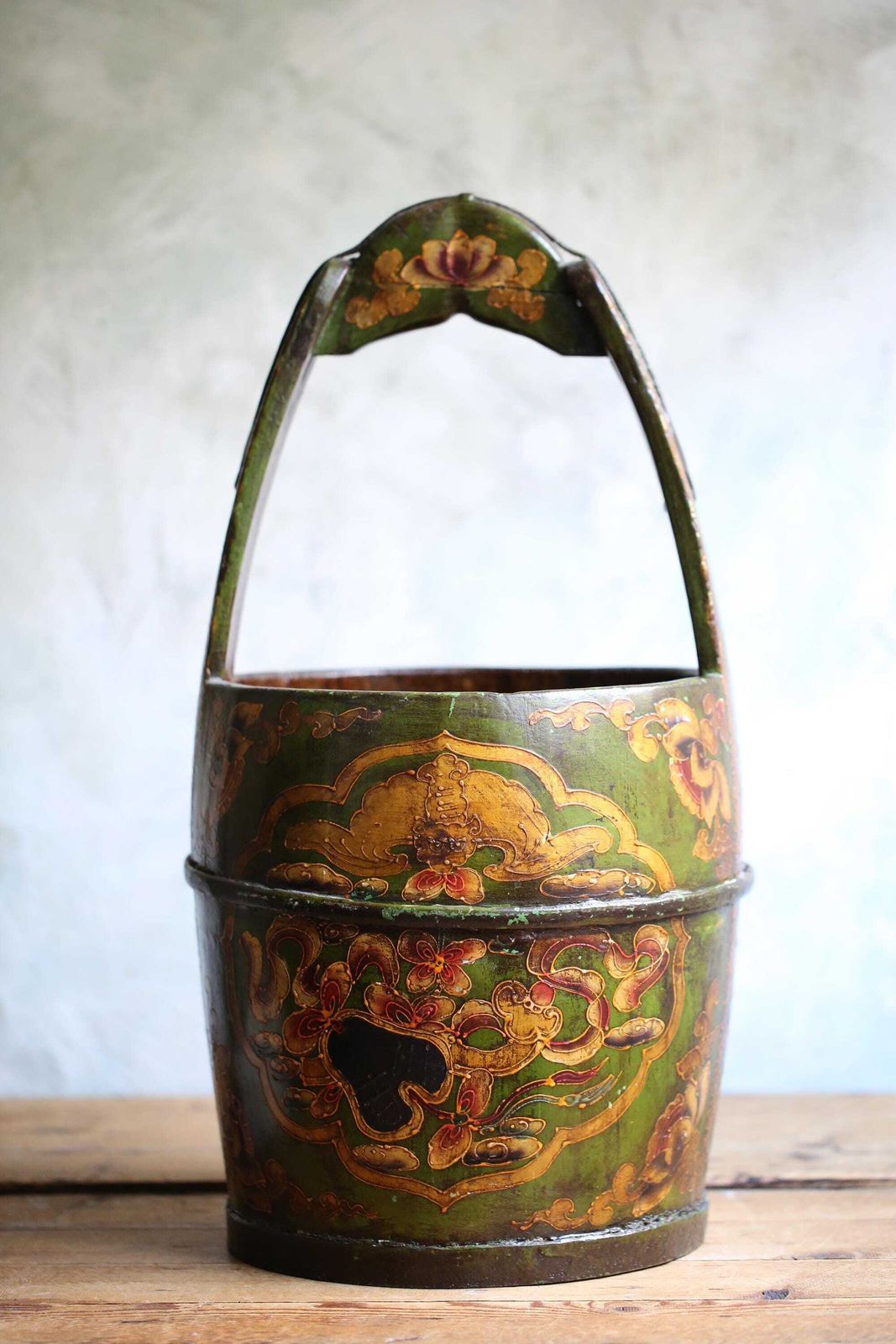 Large Antique Chinese Bucket Green Painted Folk Art Hand Carved Wooden Pail photo vinterior
