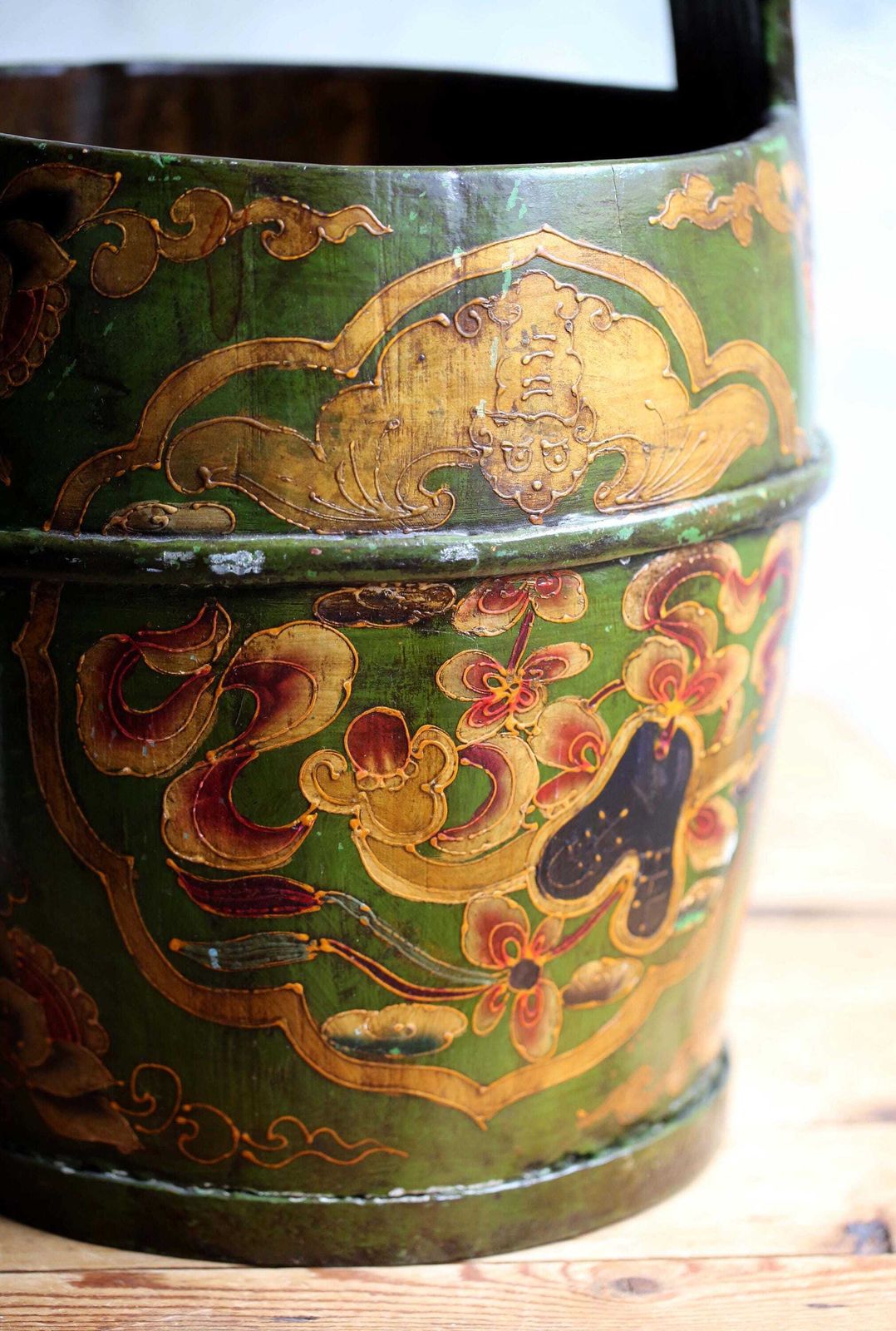 267.0 Large Antique Chinese Bucket Green Painted Folk Art Hand Carved Wooden Pail photo