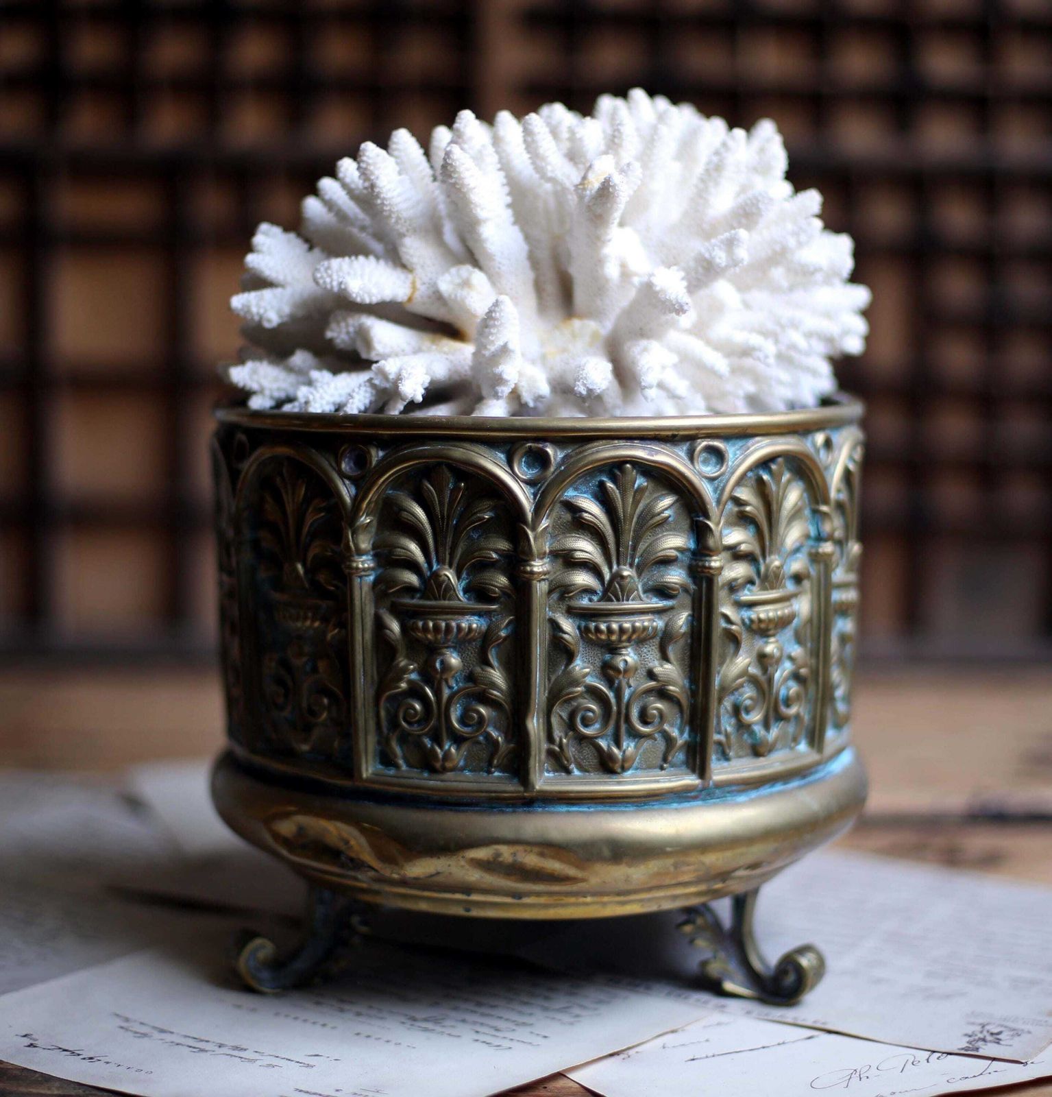 Antique French Jardiniere Brass Repousse Table Centerpiece Round Cache Pot Napoleon III 1800s photo for sale