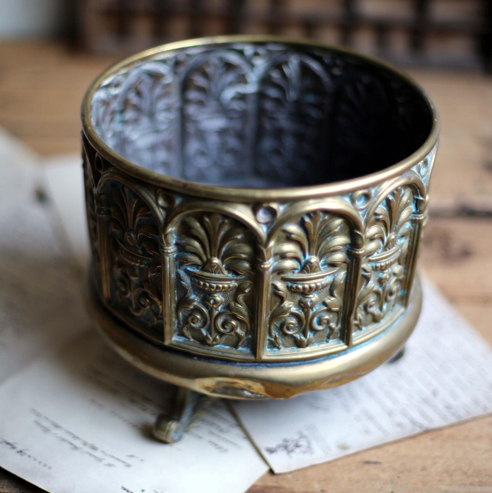 195.0 Antique French Jardiniere Brass Repousse Table Centerpiece Round Cache Pot Napoleon III 1800s photo