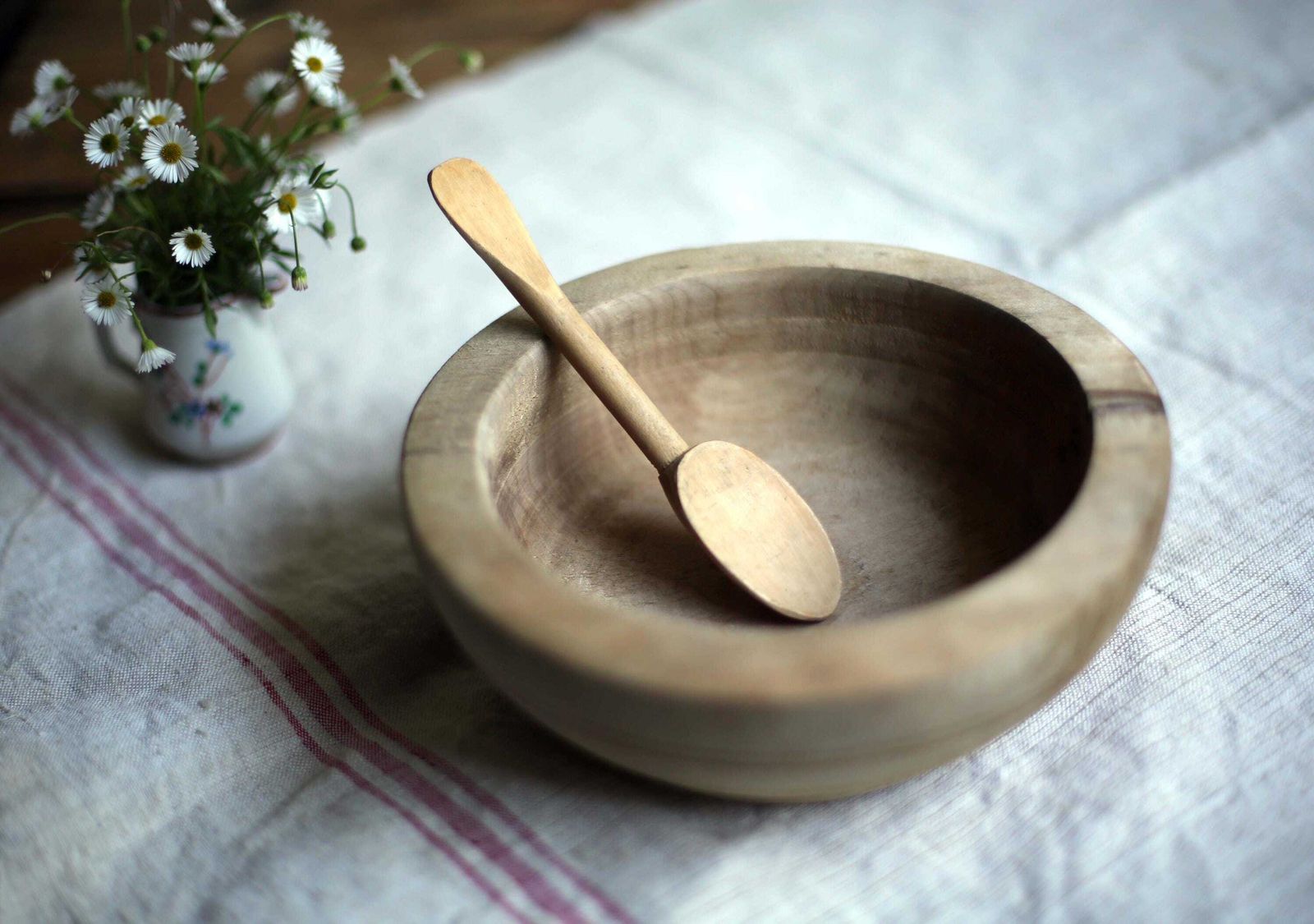 Antique Wooden Bowl Small Primitive French Dish & Carved Wood Spoon photo furniture