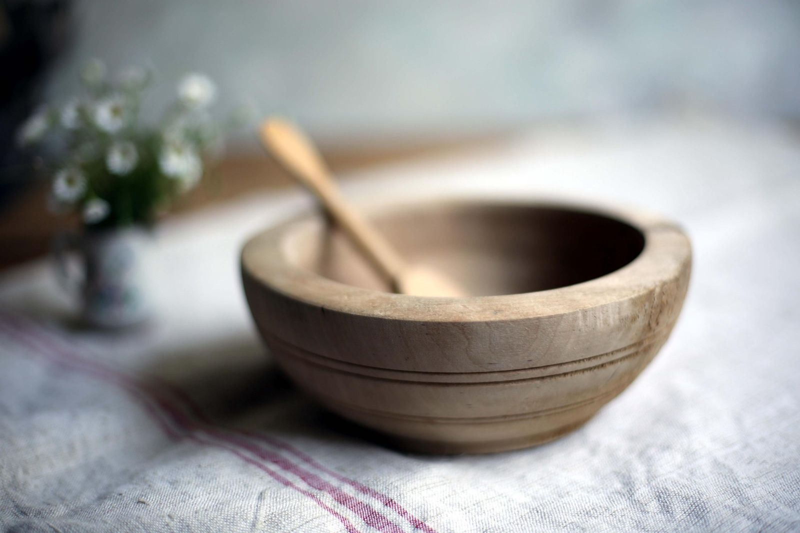 Antique Wooden Bowl Small Primitive French Dish & Carved Wood Spoon photo for sale