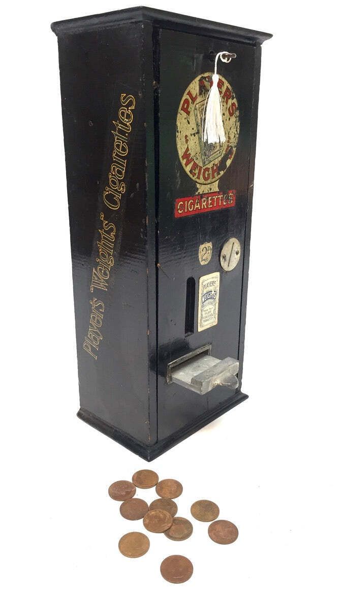 Antique Advertising   Wooden Players Coin Operated Cigarette Vending Machine photo vintage
