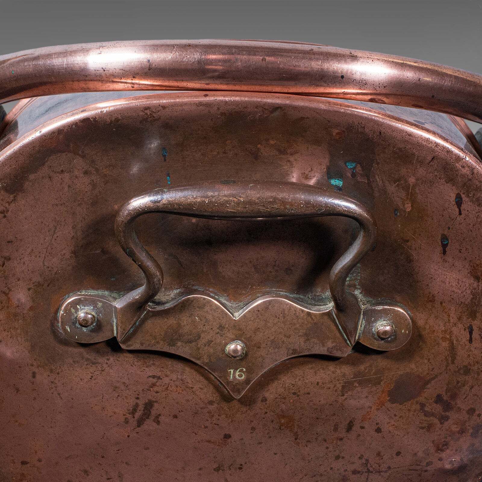 photo furniture Antique Helmet Fire Bucket, English, Copper Scuttle, Fireside Bin, Victorian