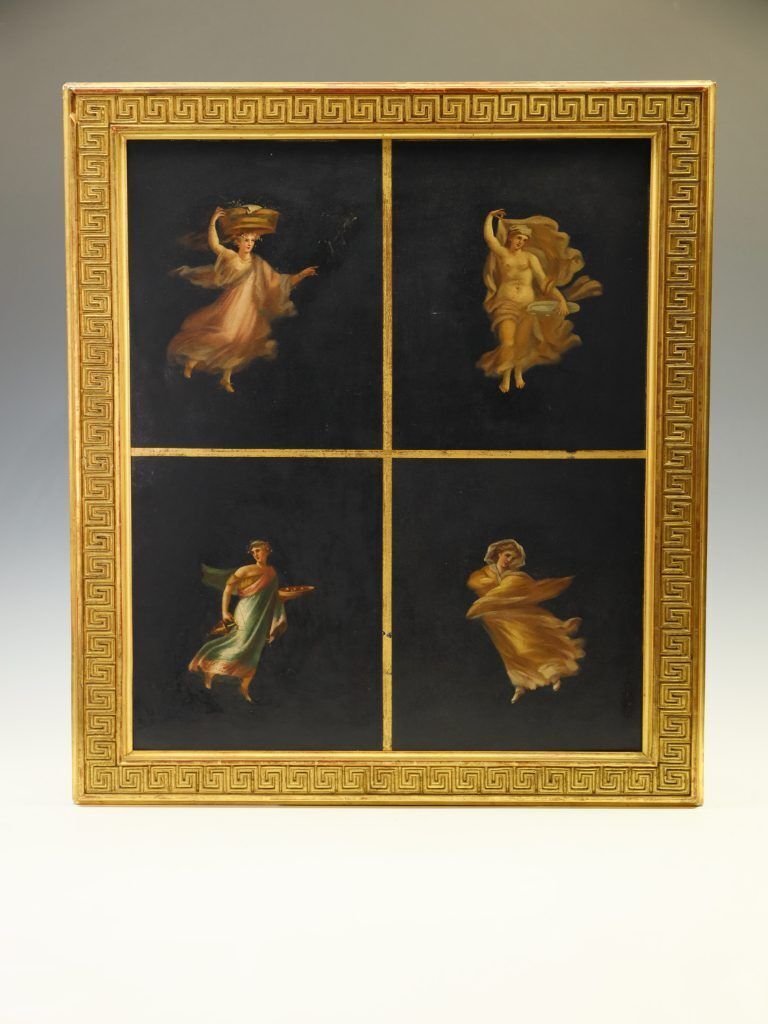 19th Century Neoclassical Oil Painting Of Dancing Nymphs, Gilt Greek Key Frame photo furniture