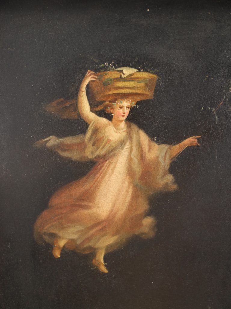 19th Century Neoclassical Oil Painting Of Dancing Nymphs, Gilt Greek Key Frame photo for sale