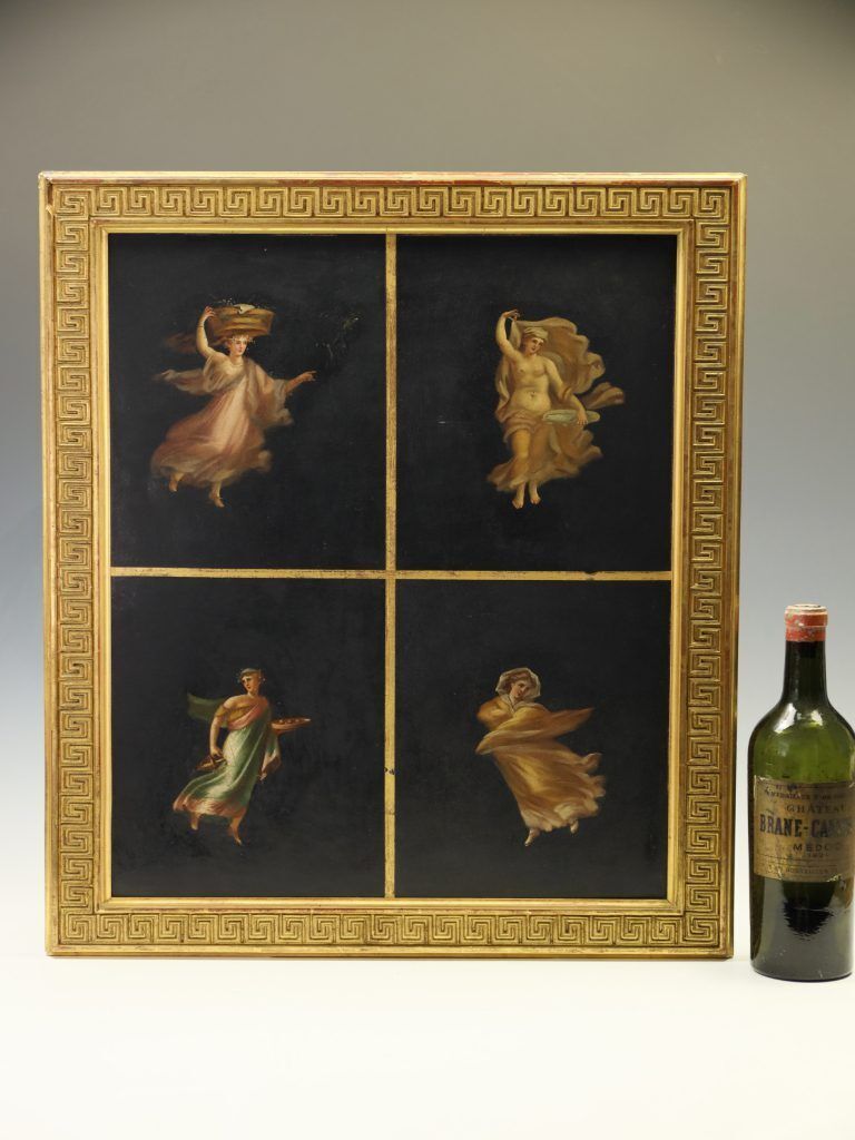 19th Century Neoclassical Oil Painting Of Dancing Nymphs, Gilt Greek Key Frame photo Art
