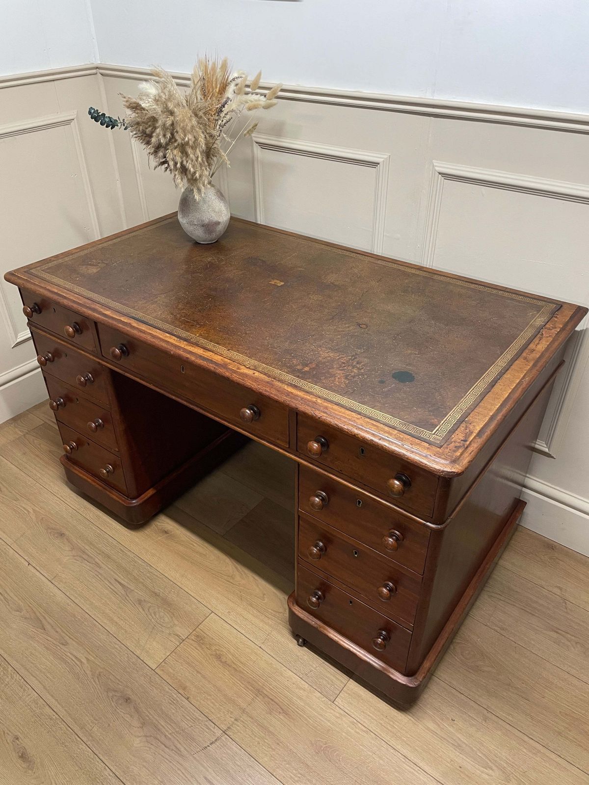 Antique Mahogany Victorian Pedestal Desk With Original Leather Top photo for sale