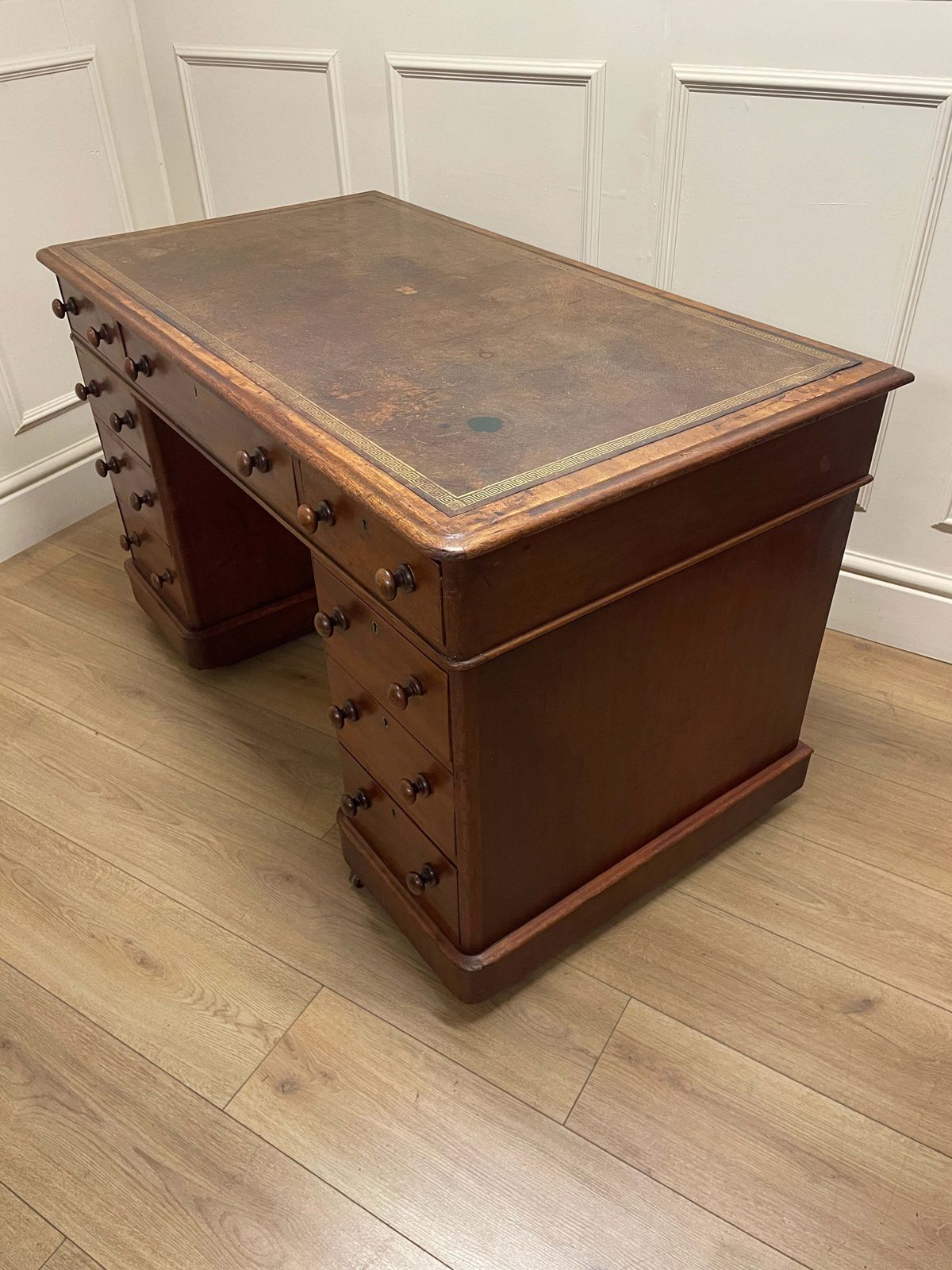 Antique Mahogany Victorian Pedestal Desk With Original Leather Top photo vintage