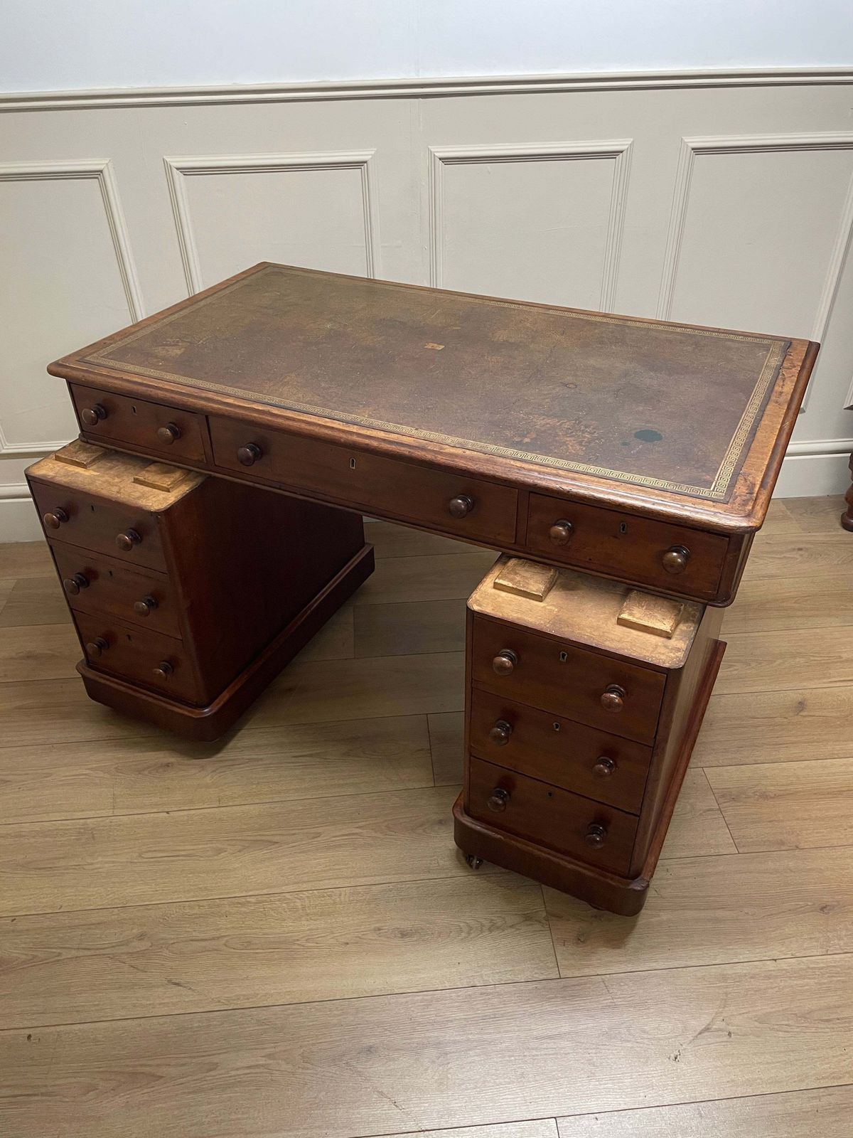photo for sale Antique Mahogany Victorian Pedestal Desk With Original Leather Top