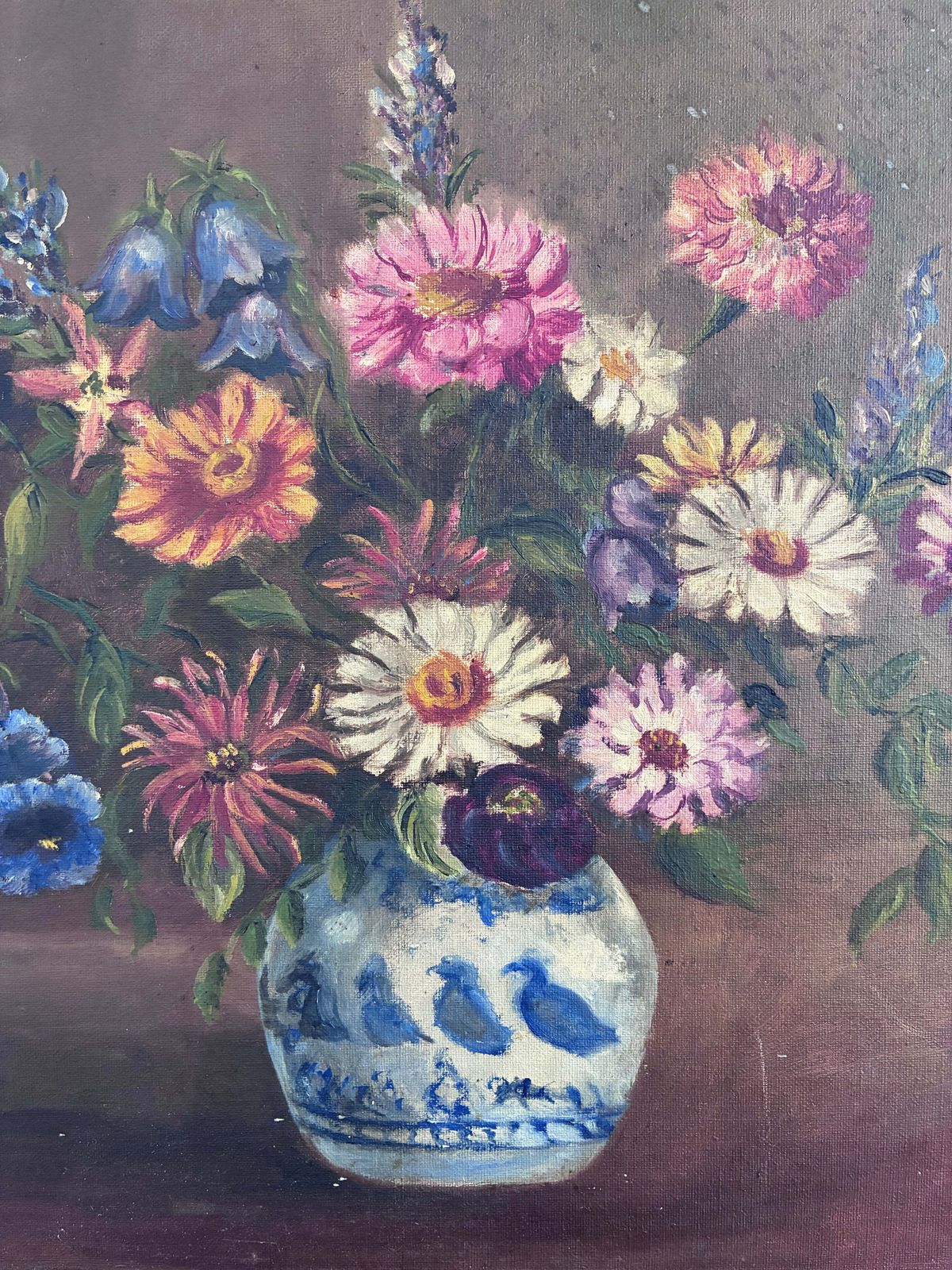 Vintage Original Floral Oil Painting With Blue And White Vase photo for sale