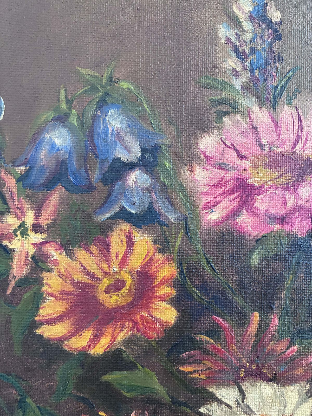 Art Vintage Original Floral Oil Painting With Blue And White Vase photo
