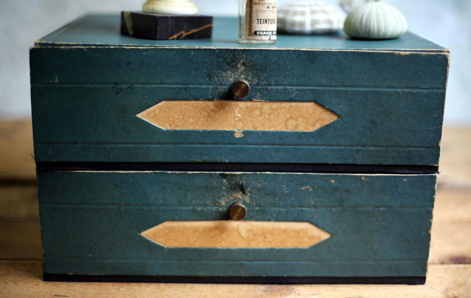 Antique French Notary File Box Lawyer Storage Container Green Double Cardboard Notaire Box photo vinterior