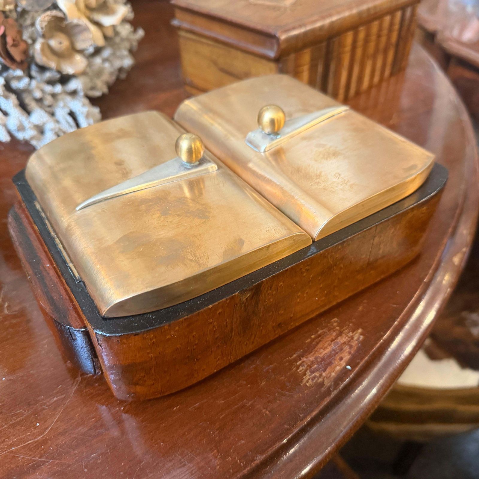 1930s Art Deco Wood Brass And Sterling Silver Italian Cigarette Box photo for sale