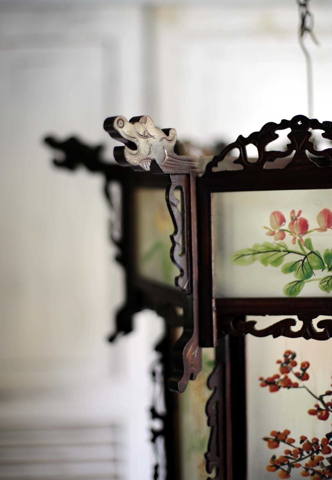 Antique Chinese Lantern Oriental Lamp Light Shade Lantern Reverse Painted Glass Panels Dragons photo 385.0